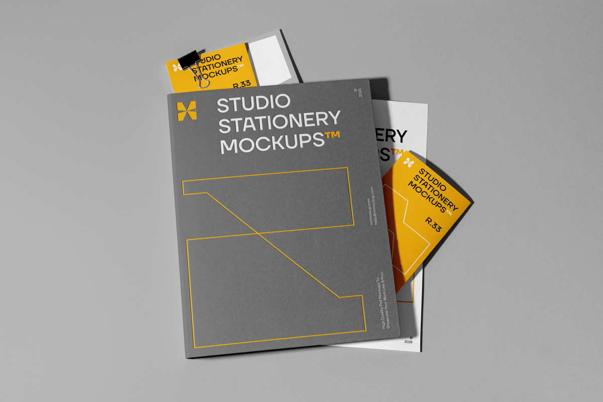 Front view, stationery mockups. A dark grey folder mockup with a protruding yellow leaflet mockup, a white A4 mockup, and a gray square card mockup. Everything is lying on a bright grey background.