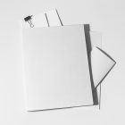 Front view, stationery mockups. A white folder mockup with a protruding white leaflet mockup, a white A4 mockup, and a white square card mockup. Everything is lying on a white background.
