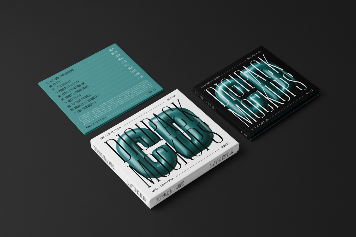 Viewed from above, the composition of CD Digipack Mockups presents green, white, and black disc packaging with nice black and white serif typography and 3D graphics lying on the black background.