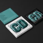 Viewed from above, the composition of CD Digipack Mockups presents green, white, and black disc packaging with nice black and white serif typography and 3D graphics lying on the black background.