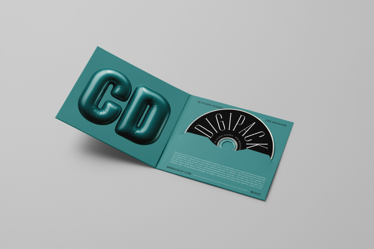 Viewed from above, CD Digipack Mockups presents green disc packaging and a black ejected disc with nice black serif typography and 3D graphics lying on the gray background.