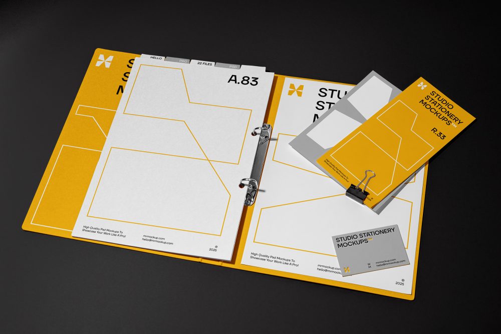 Front view, stationery mockups. Open yellow binder mockup with an white A4 card mockup and gray business card mockups lying on it, strong geometric typography design in yellow, black, and white colors. Everything is lying on a black background.