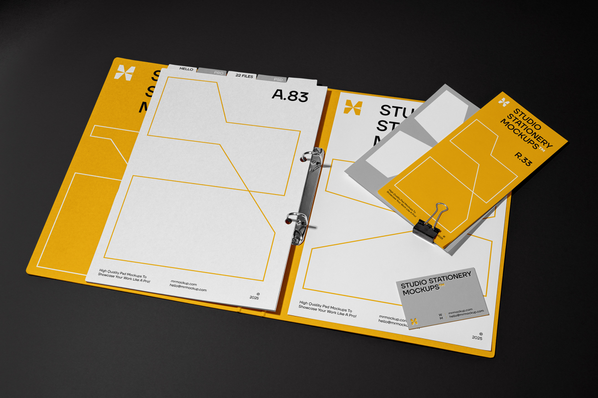 Front view, stationery mockups. Open yellow binder mockup with an white A4 card mockup and gray business card mockups lying on it, strong geometric typography design in yellow, black, and white colors. Everything is lying on a black background.