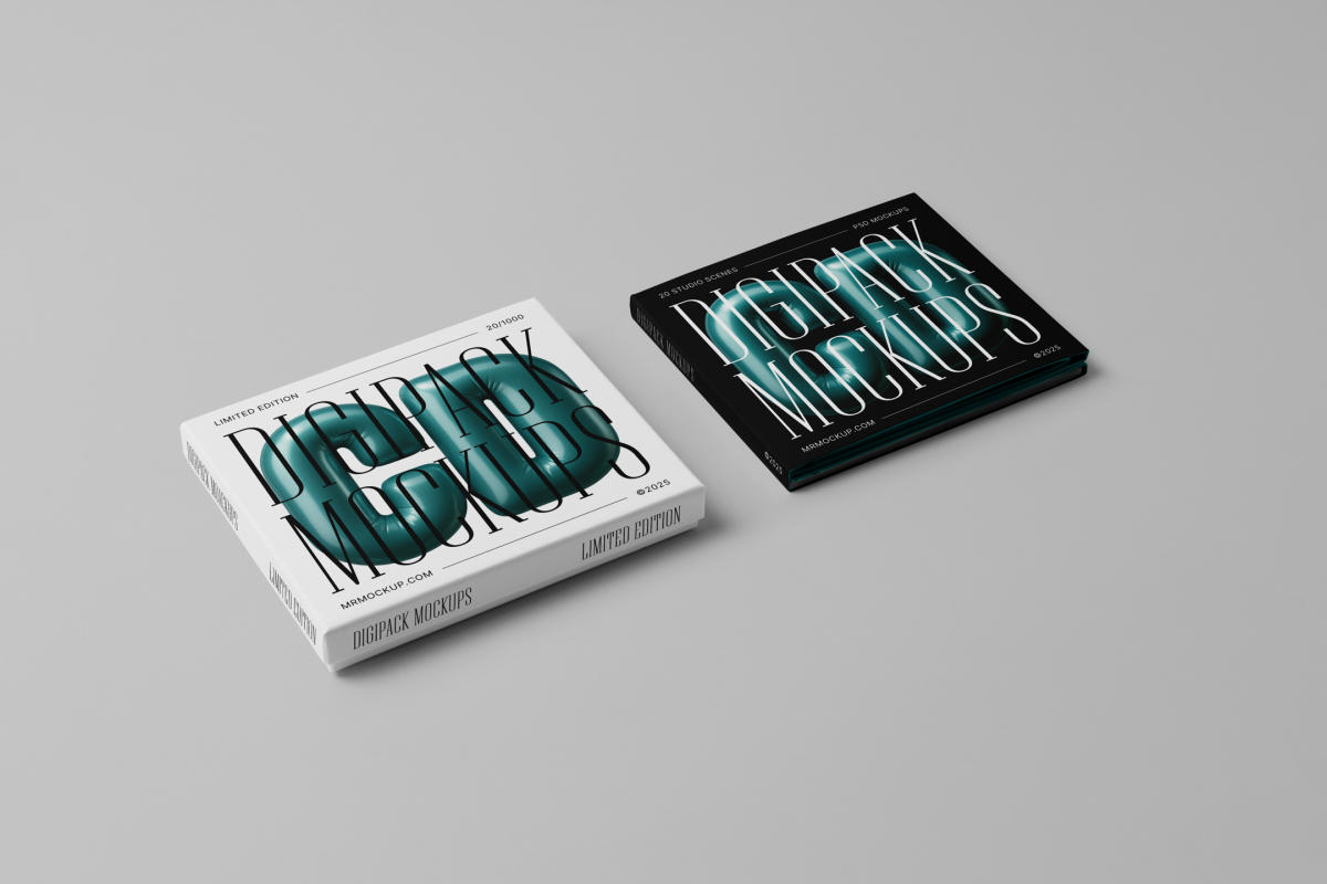 Viewed from above, CD Digipack Mockups presents two disc packaging in white and black colors with nice serif typography and 3D graphics lying on the gray background.