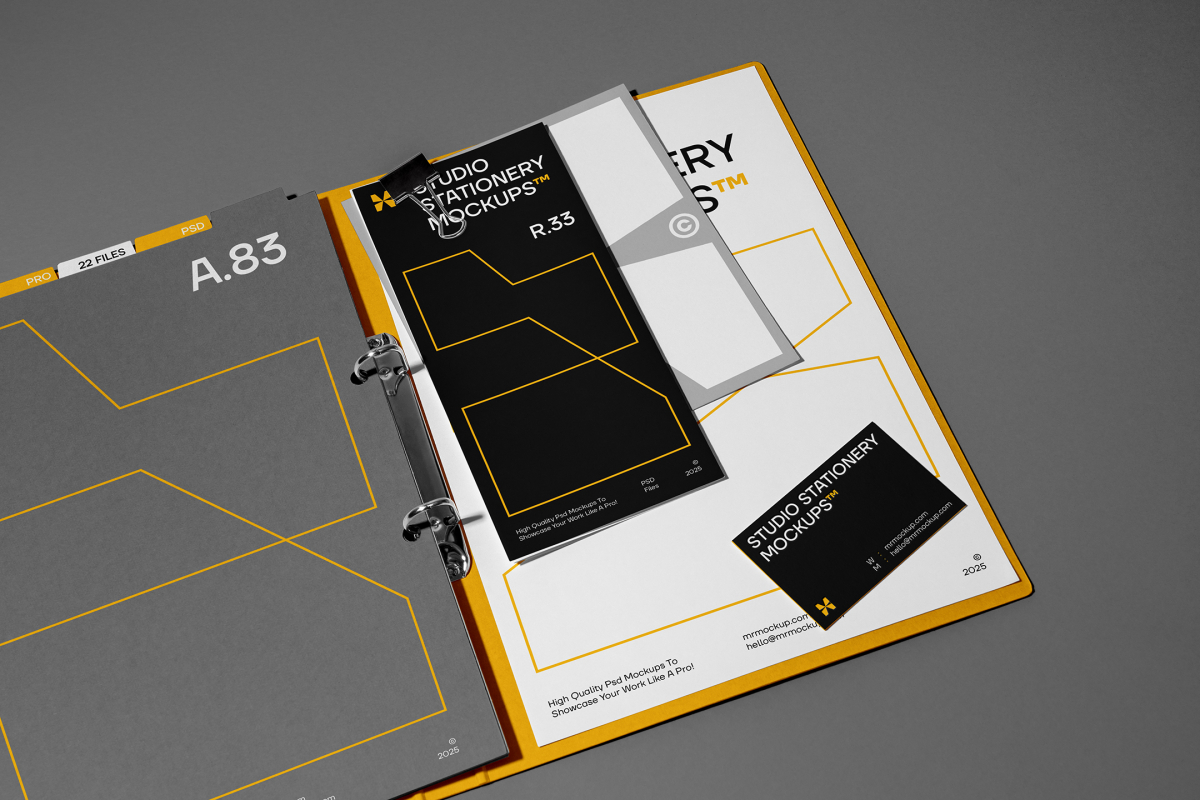 Front view, stationery mockups. Open yellow binder mockup with a gray A4 card mockup, black business card mockups, black leaflet mockup, and gray square card mockup lying on it, strong geometric typography design in yellow, black, and white colors. Everything is lying on a dark gray background.