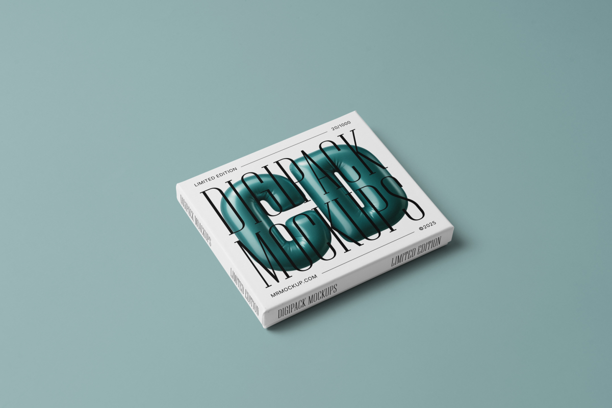 Viewed from above, CD Digipack Mockups presents white disc packaging with nice black serif typography and 3D graphics lying on the green background.