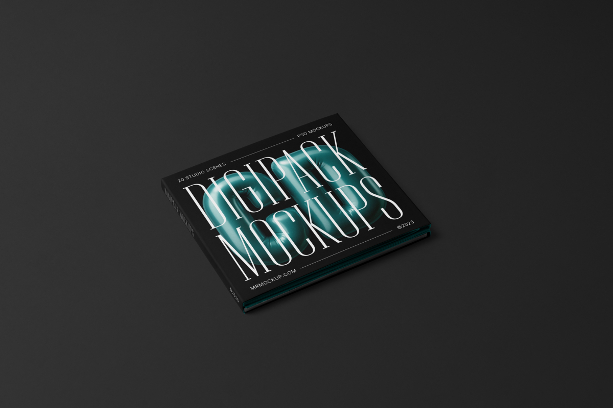 Viewed from above, CD Digipack Mockups presents disc packaging in black with nice white serif typography and 3D graphics lying on the black background.