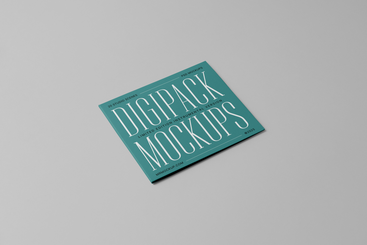 Viewed from above, CD Digipack Mockups presents disc packaging in green color with nice serif typography lying on the gray background.