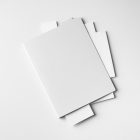 Front view, stationery mockups. A white folder mockup with a protruding white leaflet mockup, a white A4 mockup, and a white business card mockup. Everything is lying on a white background.