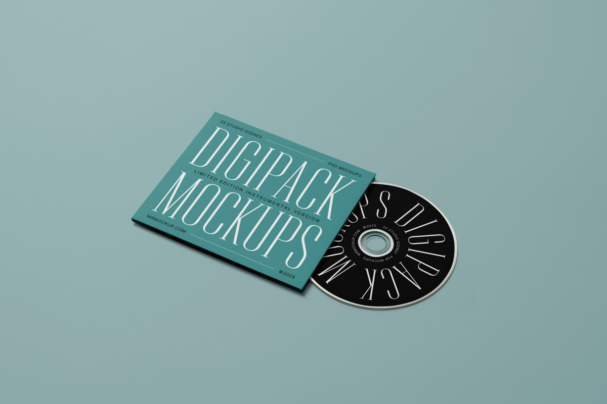 Viewed from above, CD Digipack Mockups presents disc packaging and an ejected disc in green and black colors with nice serif typography and 3D graphics lying on the green background.