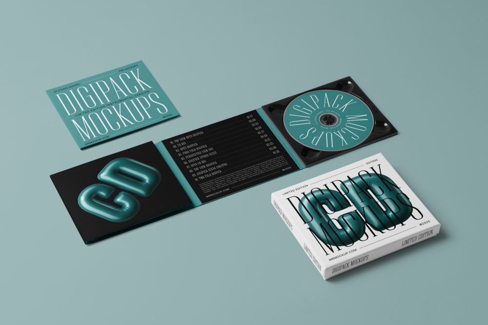 View from above, composition of CD Digipack Mockups presents what is inside the package in green, white, and black colors with nice serif typography and 3D graphics lying on the green background.
