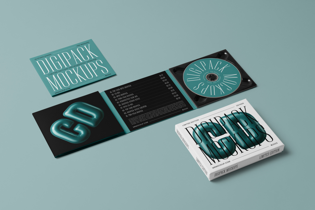 View from above, composition of CD Digipack Mockups presents what is inside the package in green, white, and black colors with nice serif typography and 3D graphics lying on the green background.