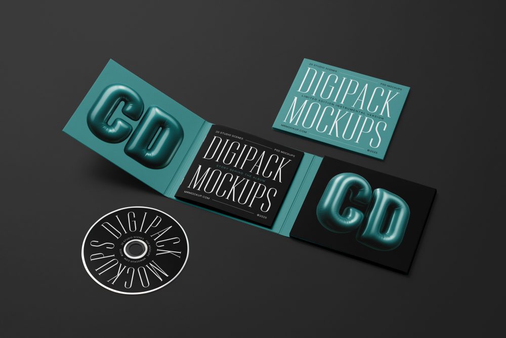View from above, composition of CD Digipack Mockups presents what is inside the package in green, white, and black colors with nice serif typography and 3D graphics lying on the black background.