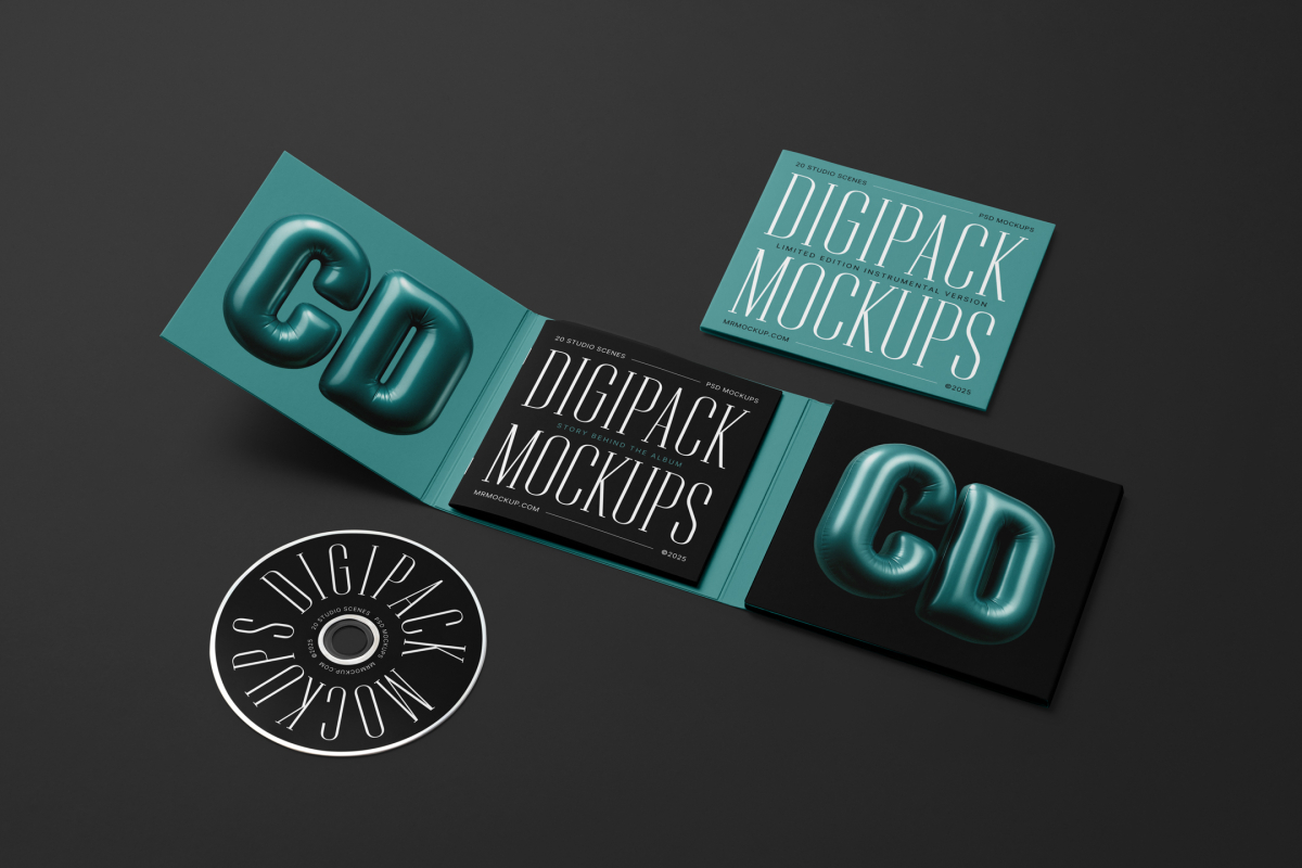 View from above, composition of CD Digipack Mockups presents what is inside the package in green, white, and black colors with nice serif typography and 3D graphics lying on the black background.