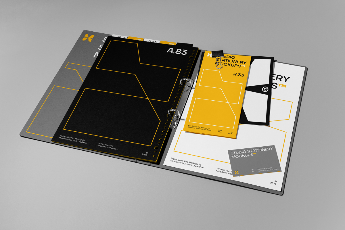 Front view, stationery mockups. Open grey binder mockup with an A4 card mockup, grey business card mockups, yellow leaflet mockup, and black square card mockup lying on it, strong geometric typography design in yellow, black, and white colors. Everything is lying on a bright gray background.
