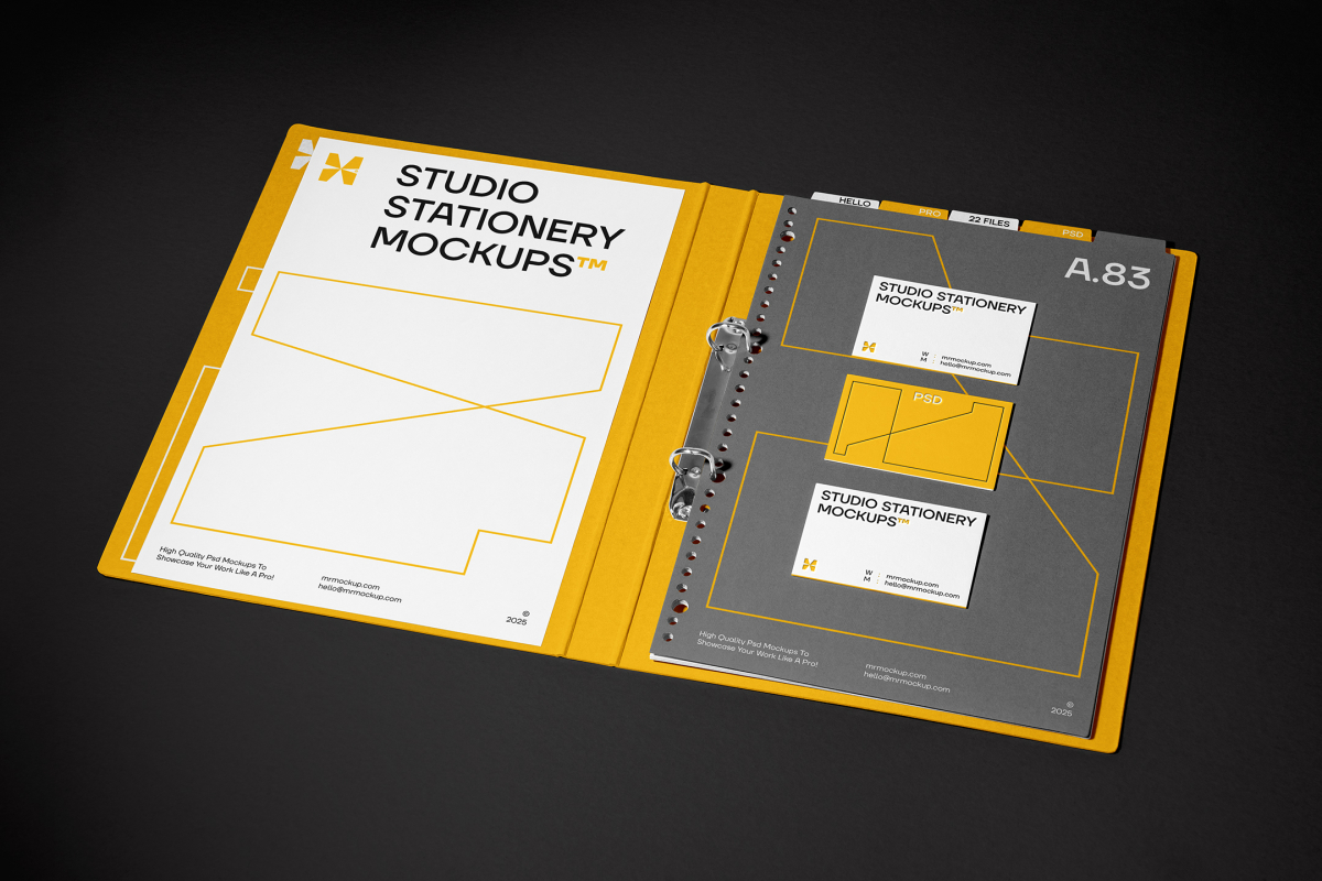 Front view, stationery mockups. Open yellow binder mockup with an A4 card mockup and three business card mockups lying on it, strong geometric typography design in yellow, black, and white colors. Everything is lying on a black background.