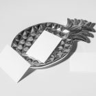 Front view, three white business card mockups lying on the white background or on a silver pineapple shaped metal plate.