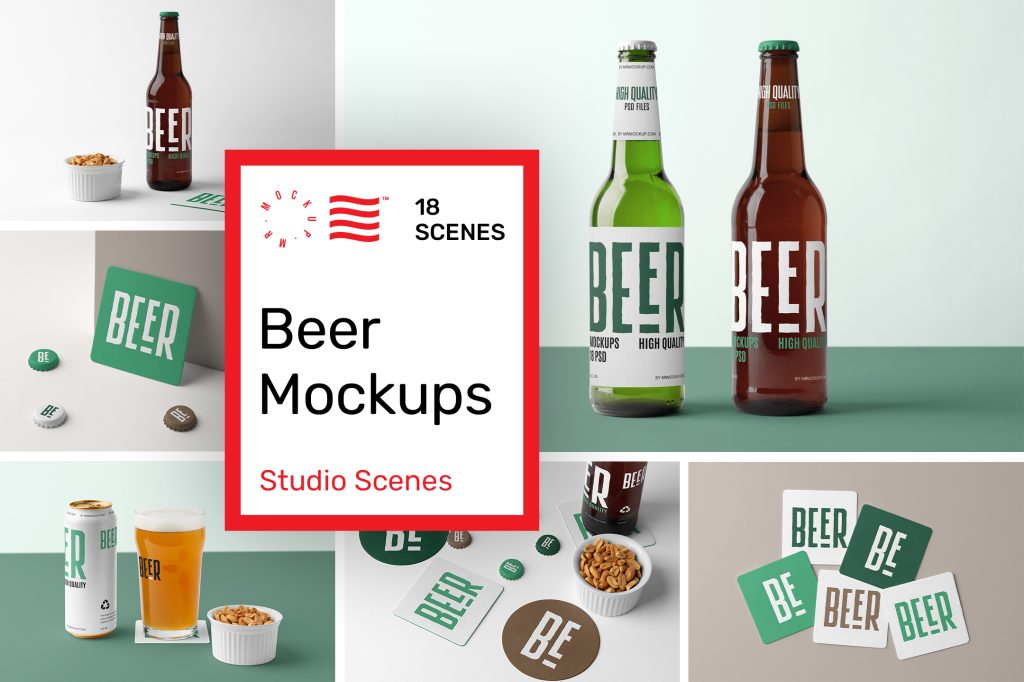 Beer-Mockups-W-00 Product cover image from Beer Mockups showing six scenes from the product.