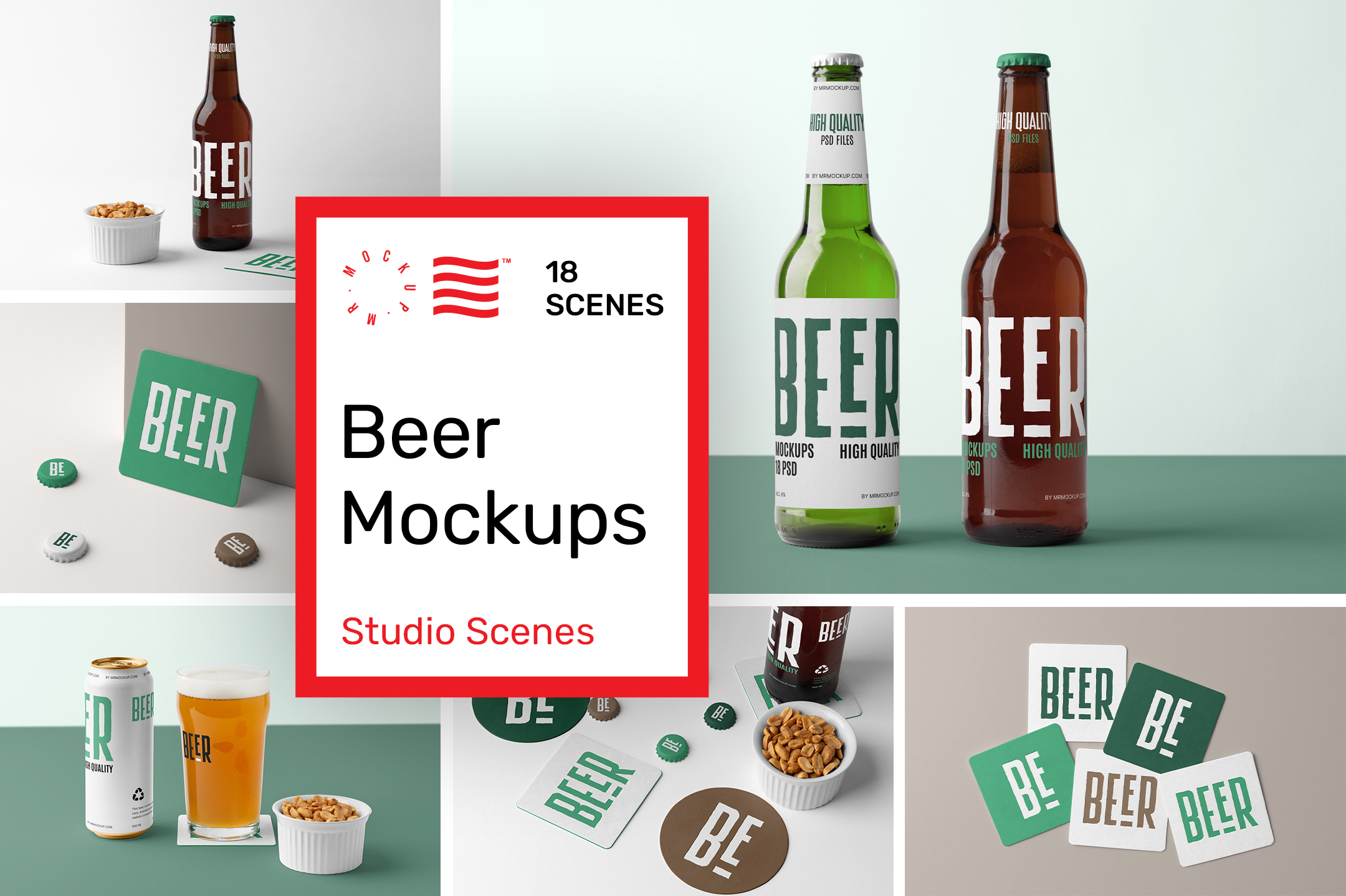 Product cover image from Beer Mockups showing six scenes from the product.