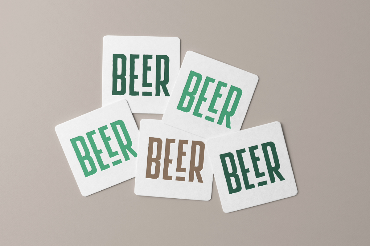 Viewed from above, five beer pad mockups in white color and condensed logo in two green shades and brown color lying on the beige background.