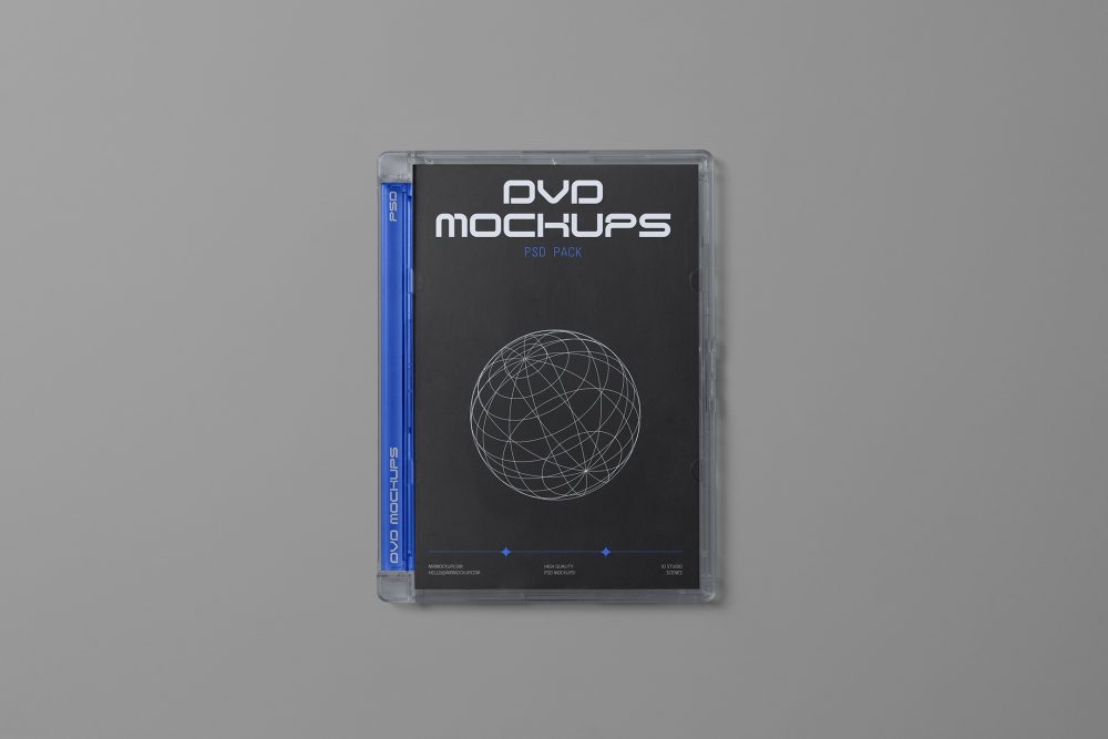 Viewed from above, DVD Mockups presents an close black plastic package with nice white typography and linear graphics lying on the gray background.