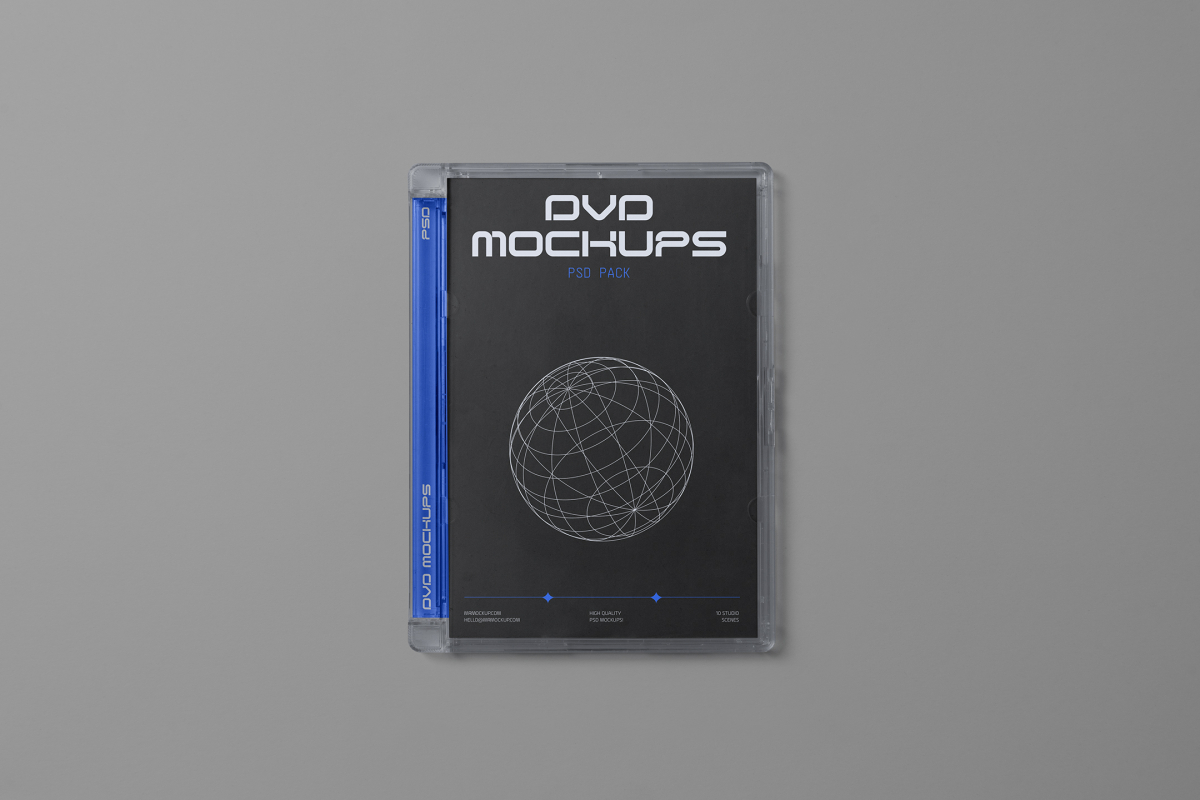 Viewed from above, DVD Mockups presents an close black plastic package with nice white typography and linear graphics lying on the gray background.