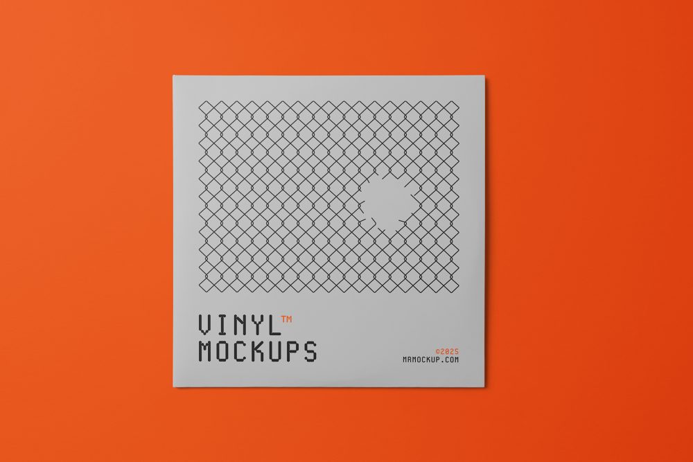 Viewed from above, Vinyl Mockups presents a square music album cover in a gray color with a metal fence graphic lying on an orange background.