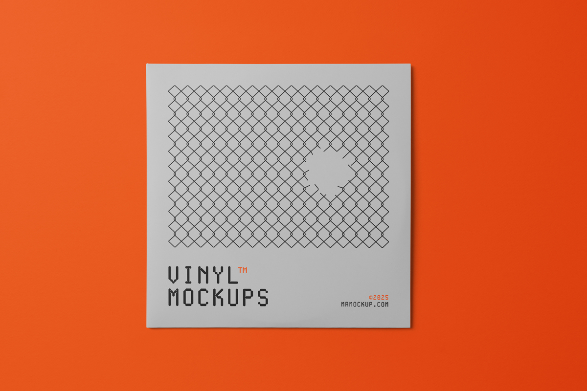 Viewed from above, Vinyl Mockups presents a square music album cover in a gray color with a metal fence graphic lying on an orange background.