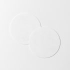 Viewed from above, two white circle beer pad mockups lying on the white background.