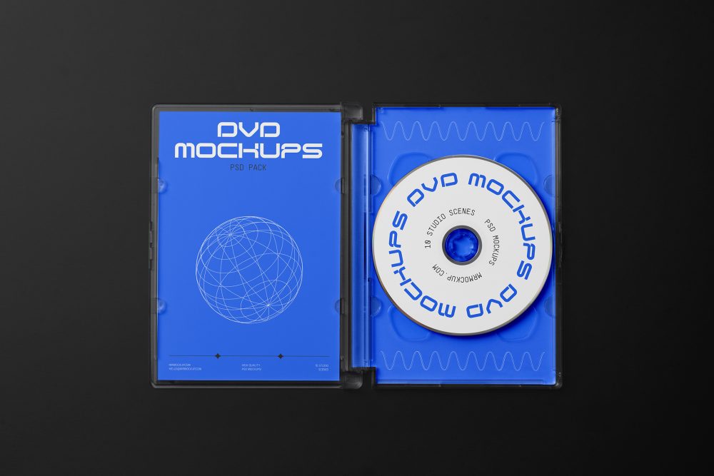 Viewed from above, DVD Mockups presents an open blue plastic package with a white DVD, nice white typography, and linear graphics lying on the black background.