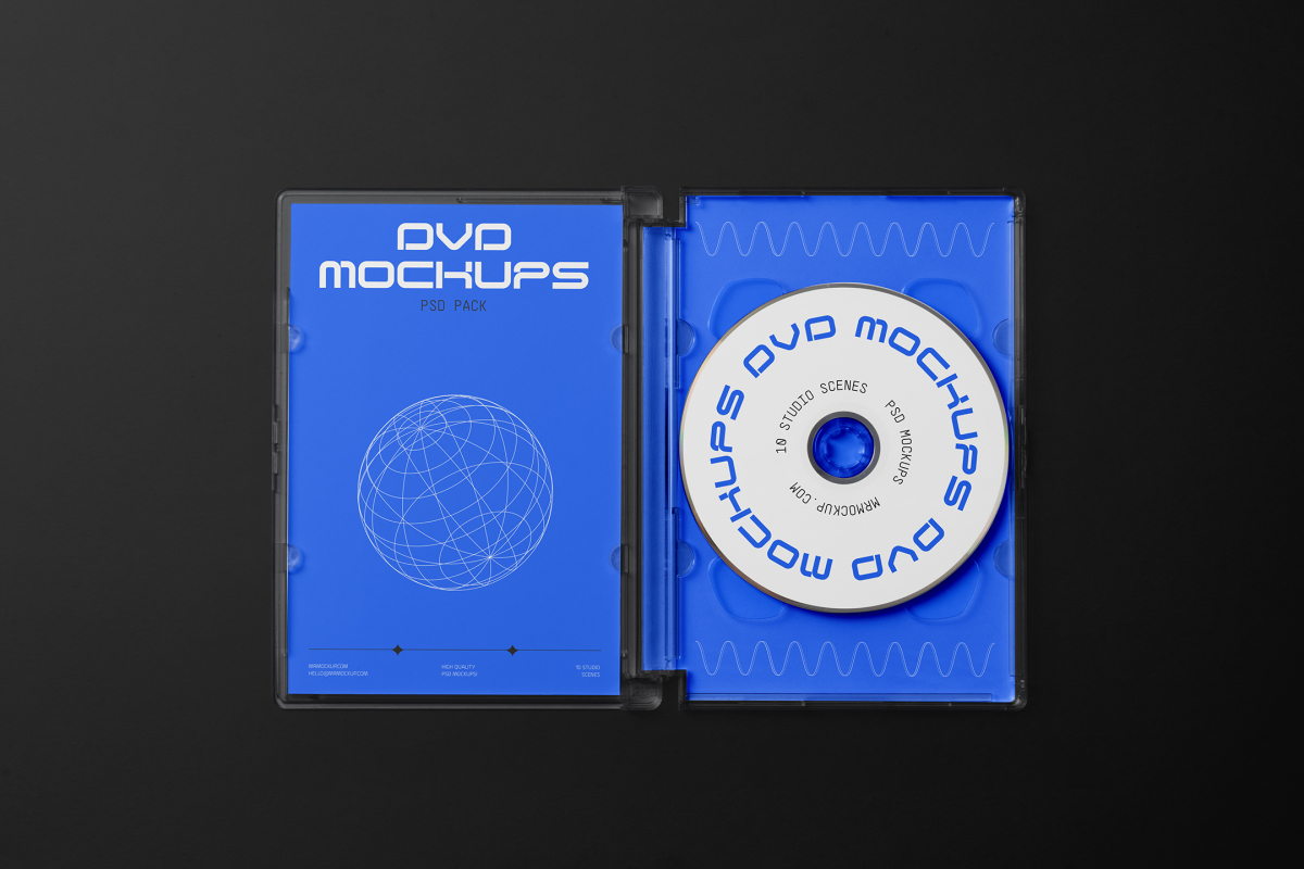 Viewed from above, DVD Mockups presents an open blue plastic package with a white DVD, nice white typography, and linear graphics lying on the black background.
