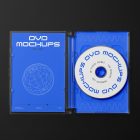 Viewed from above, DVD Mockups presents an open blue plastic package with a white DVD, nice white typography, and linear graphics lying on the black background.