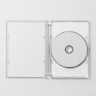 Viewed from above, DVD Mockups presents an open white plastic package with a white DVD lying on the white background.
