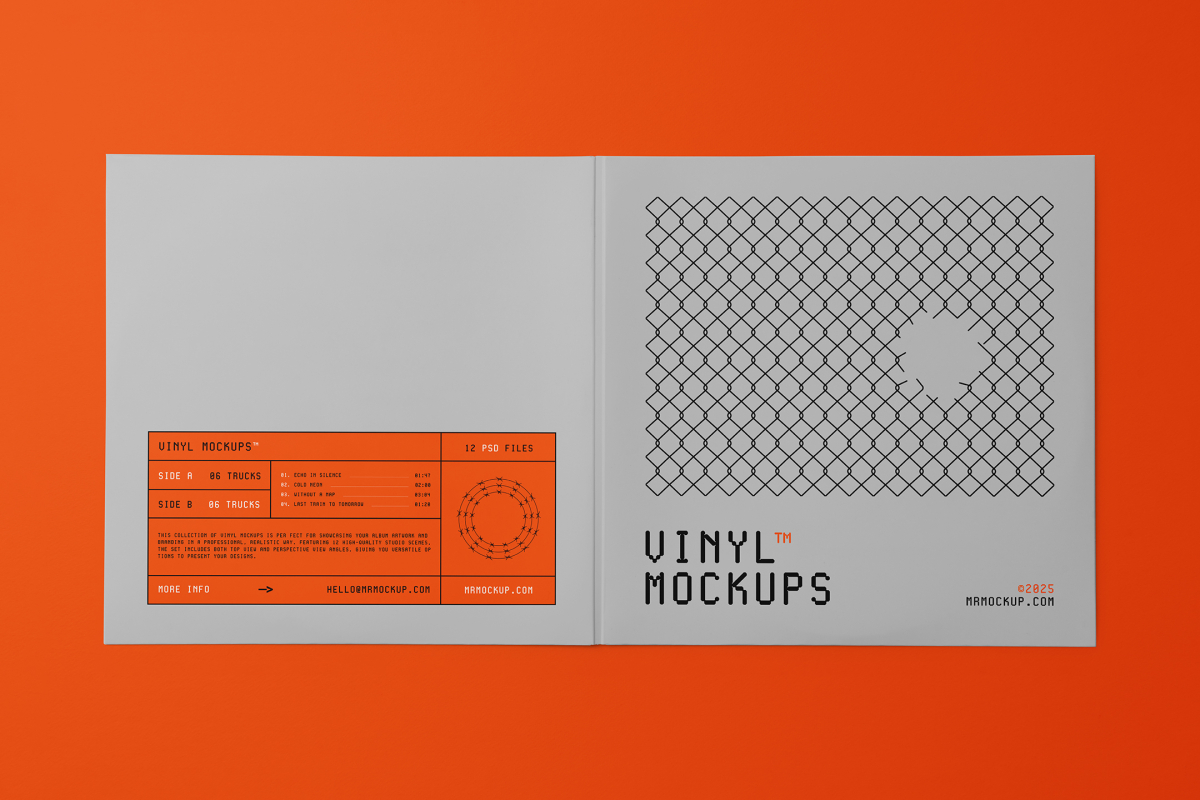 Viewed from above, Vinyl Mockups presents an open music album cover in a gray color with a metal fence graphic and orange label with black frames lying on an orange background.