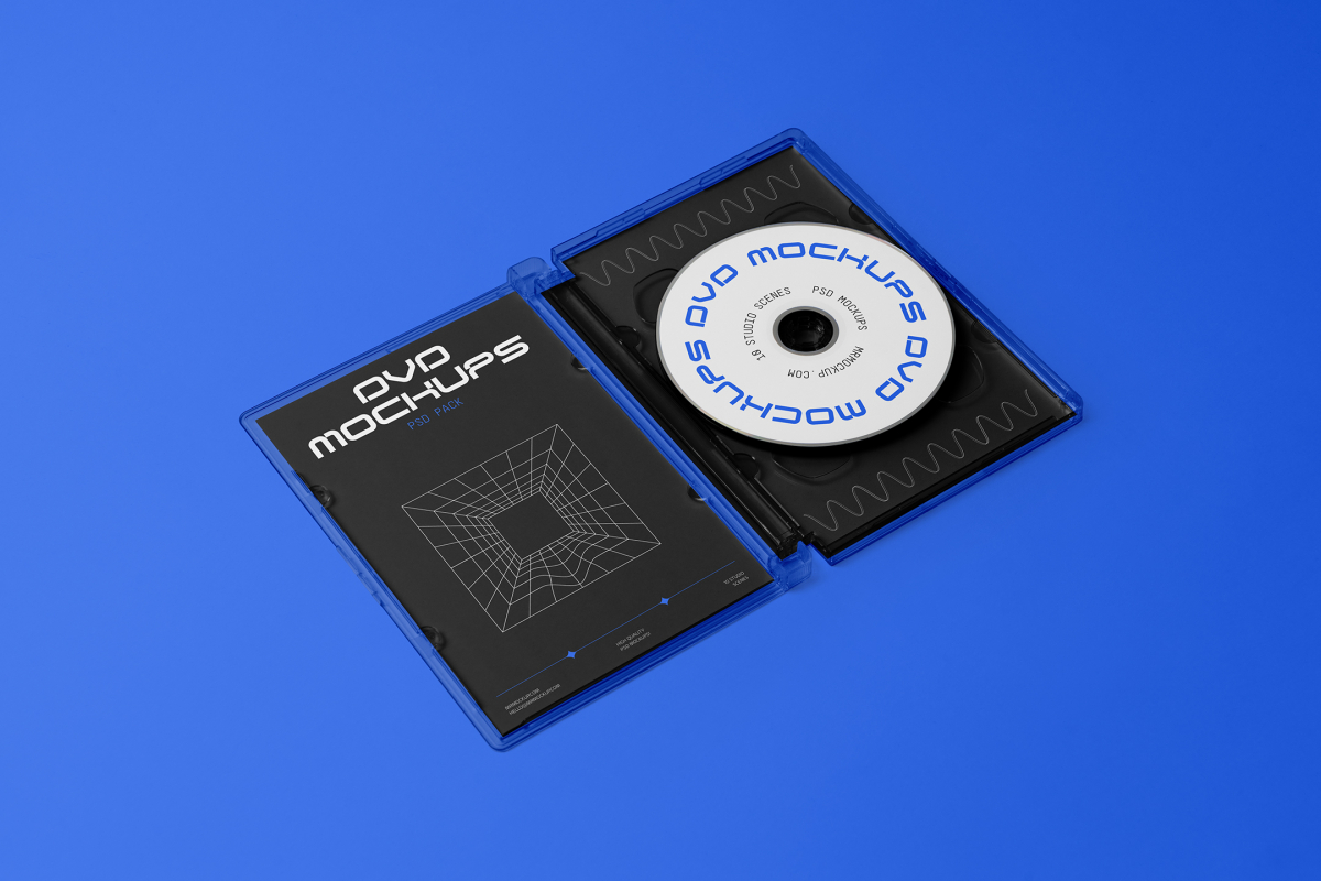 Viewed from above, DVD Mockups presents an open blue plastic package with a white DVD, nice white typography, and linear graphics lying on the blue background.