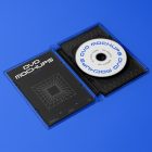 Viewed from above, DVD Mockups presents an open blue plastic package with a white DVD, nice white typography, and linear graphics lying on the blue background.