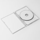 Viewed from above, DVD Mockups presents an open white plastic package with a white DVD lying on the white background.