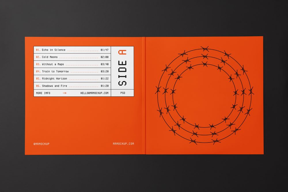 Viewed from above, Vinyl Mockups presents an open music album cover in an orange color with a metal fence graphic and white label with black frames lying on an black background.