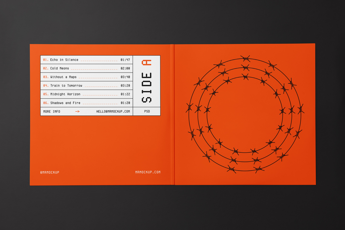 Viewed from above, Vinyl Mockups presents an open music album cover in an orange color with a metal fence graphic and white label with black frames lying on an black background.