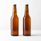 Front view, two beer bottle mockups standing on the green floor.