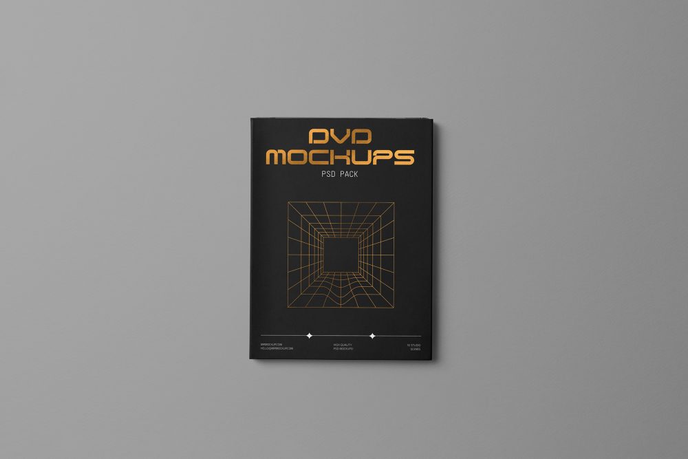 Viewed from above, DVD Mockups presents a black paper box with gold typography and linear graphics lying on the gray background.