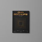 Viewed from above, DVD Mockups presents a black paper box with gold typography and linear graphics lying on the gray background.