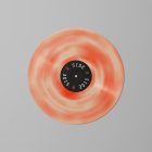 Viewed from above, Vinyl Mockups presents a vinyl disc with pressed graphics in two colors lying on the gray background.