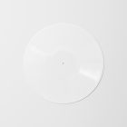 Viewed from above, Vinyl Mockups presents a white vinyl disc lying on the white background.