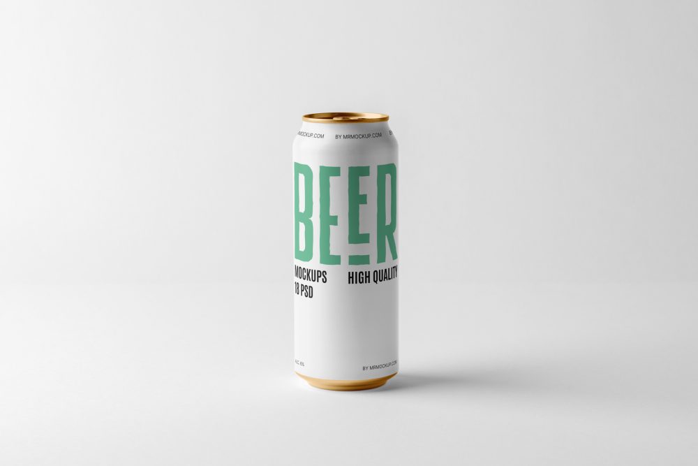 Front view standing white beer can mockup with a black and green typography design standing on the white background floor.