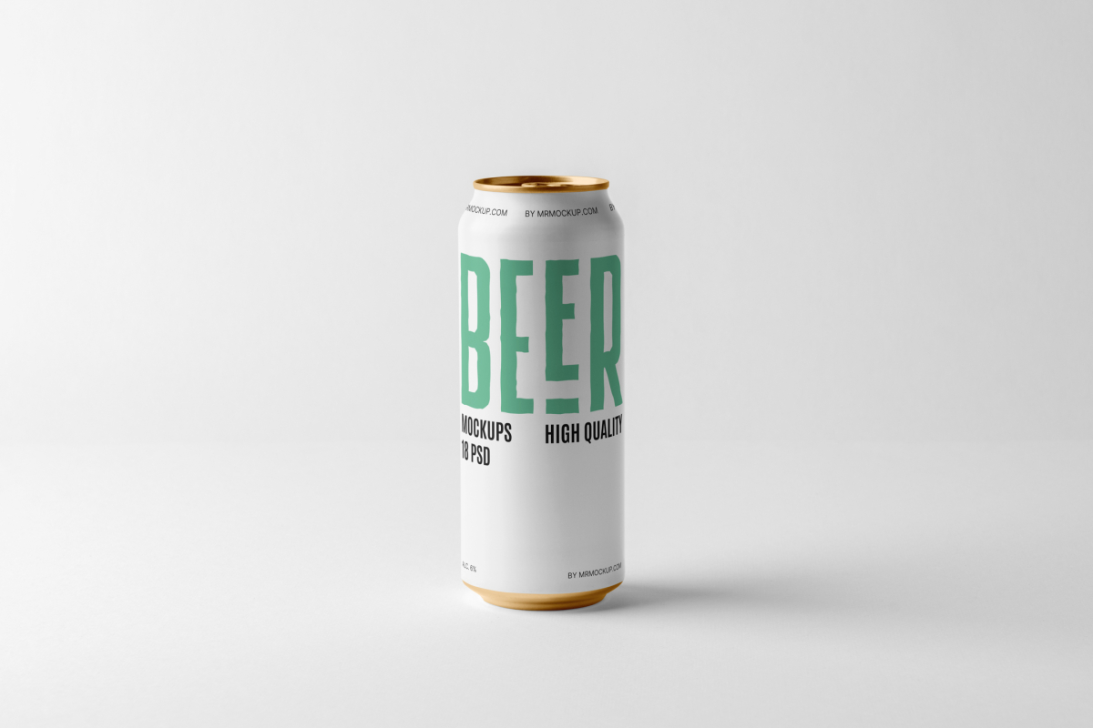 Front view standing white beer can mockup with a black and green typography design standing on the white background floor.