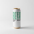 Front view standing white beer can mockup with a black and green typography design standing on the white background floor.