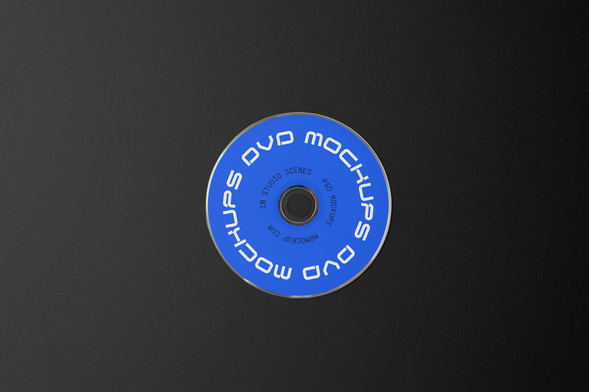 Viewed from above, DVD Mockups presents a blue disc with nice white typography lying on the black background.
