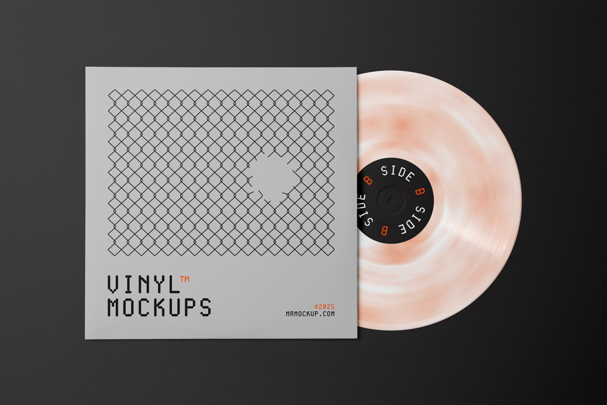 Viewed from above, Vinyl Mockups presents a square music album cover in a gray color with a metal fence graphic and an ejected vinyl disc with pressed graphics in two colors lying on a black background.