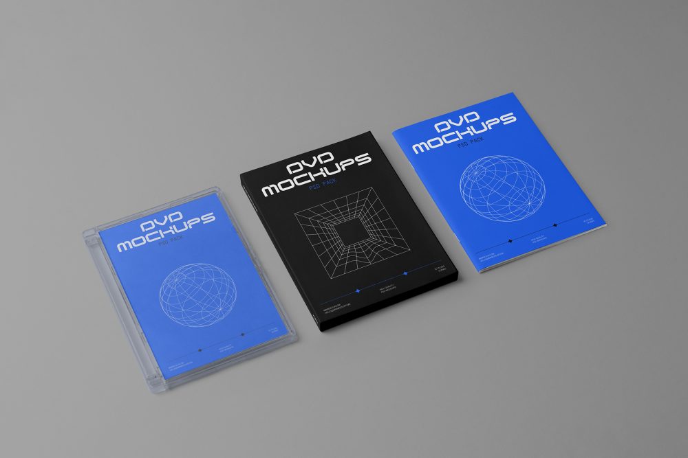 Viewed from above, DVD Mockups presents a transparent plastic package, a black paper box, and a blue booklet with white typography and linear graphics lying on the gray background.